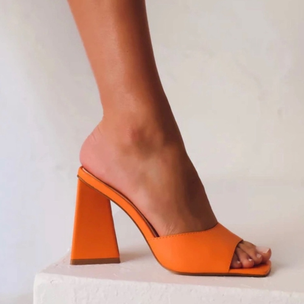 billini quinn bright orange chunky sculptural block high heels slip on mules 8